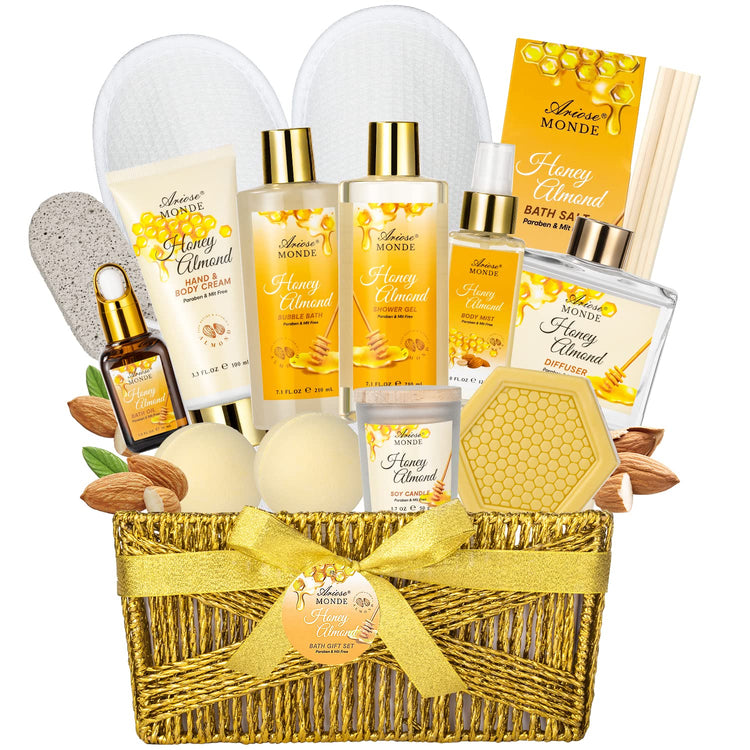 BloomVera Beauty body care gift sets including lotions, scrubs, and bath products arranged in a spa-inspired layout