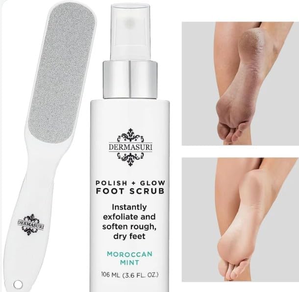 Dermasuri Callus Remover Foot Scrub - Exfoliating Feet Spray-on Formula and Reusable Deluxe Sole File - Dead Skin Remover, Callus Rasp, Scrubber, Peel & Soften Cracked Heels - Deluxe Pedicure Spa Kit