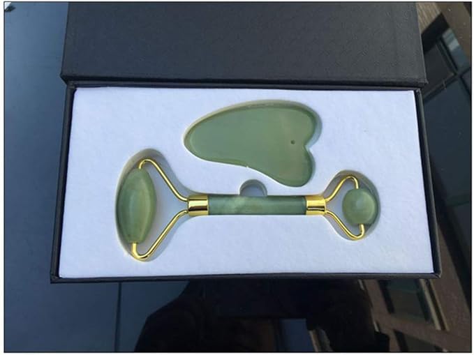 Gua Sha Facial Tools Guasha Tool Gua Sha Jade Stone for Face Skincare Facial Body Acupuncture Relieve Muscle Tensions Reduce Puffiness Festive Gifts (Green-Set)