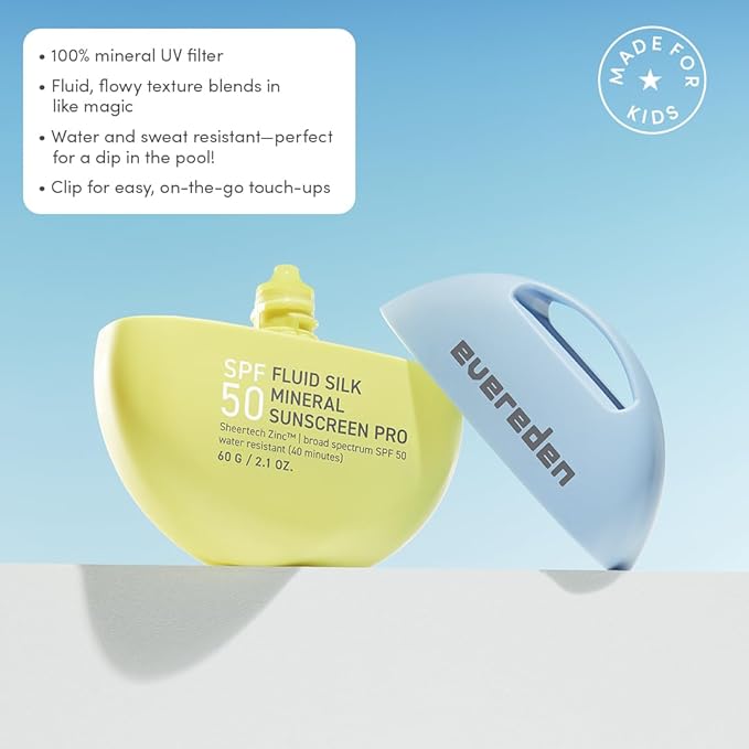 Evereden SPF50 Fluid Silk Mineral Kids Sunscreen: Clean Cooling Non-Nano UVA, UVB, & IR Protection for Sensitive Skin - Sheer, Lightweight, & Waterproof for Up to 40 Mins - Beach Day Toddler Sunscreen