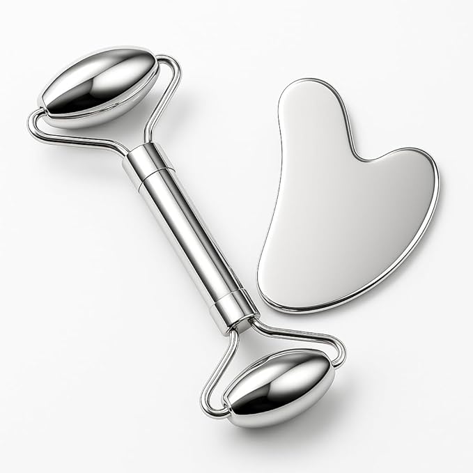 Stainless Steel Gua Sha and Face Roller Set Facial Massager Tools, Lymphatic Drainage Massager Metal Gua Sha Skin Self Care Gifts Face Sculpting Guasha for Body Eyes with Pouch(Silver)