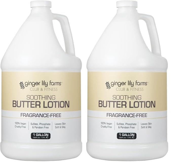 Ginger Lily Farms Club & Fitness Soothing Butter Lotion for Dry Skin, 100% Vegan & Cruelty-Free, Fragrance Free, 1 Gallon (128 fl oz) Refill (Pack of 2)