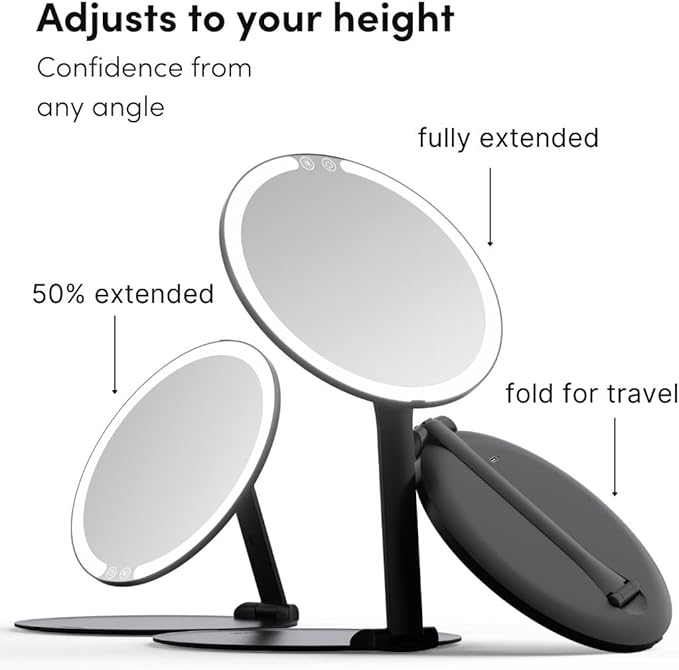 Fancii Abigail Rechargeable Travel Makeup Mirror with LED Light, 8" Foldable Stand, 3 Color Lighting Travel Mirror. Dimmable & Lightweight Portable Vanity Mirror, Beauty Travel Essential (Black)