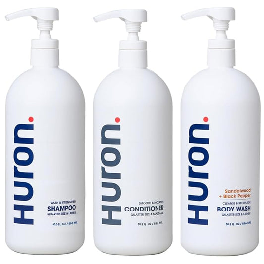 Huron Jumbo Shower Kit - Shampoo, Conditioner, & Body Wash For Men - Sandalwood + Black Pepper Scent - Hydrating & Nourishing Men’s Shampoo & Conditioner (30.3 Oz Each)