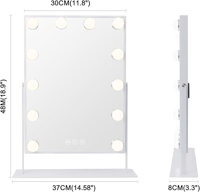 VANITII Lighted Vanity Hollywood Mirror with 12 Dimmable Bulbs Smart Touch Control 3 Colors Light for Tabletop, Detachable 10X Magnification