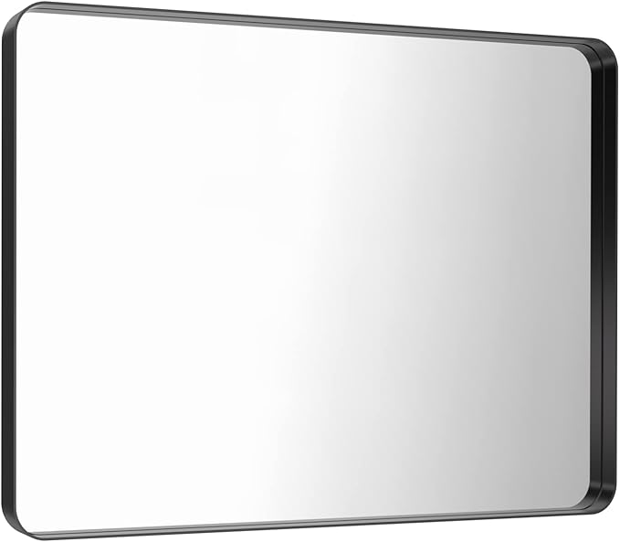 LOAAO 40X32 Inch Black Metal Framed Bathroom Mirror for Wall, Matte Black Bathroom Vanity Mirror Farmhouse, Large Rounded Rectangle Mirror, Anti-Rust, Tempered Glass, Hangs Horizontally or Vertically