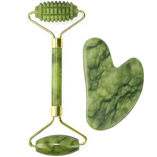 BAIMEI IcyMe Gua Sha and Jade Roller for Face, Natural Jade Face Roller with Ridge Design for Reducing Puffiness & Skin Firming,Facial Sculpting Tool, Self Care Gift for Women Men