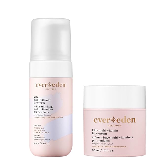 Evereden Kids Happy Face Duo (Cool Peach) - Multi-Vitamin Face Wash & Face Cream Set - Clean & Vegan Skin Care for Kids 3+ - Moisturizing, Nourishing, & Protective Skin Care Set