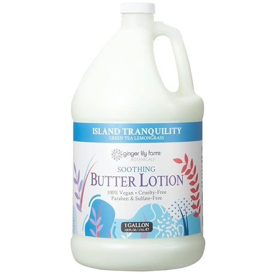 Ginger Lily Farm's Botanicals Soothing Butter Lotion for Dry Skin, Island Tranquility, 100% Vegan & Cruelty-Free, Green Tea Lemongrass Scent, 1 Gallon (128 fl oz) Refill