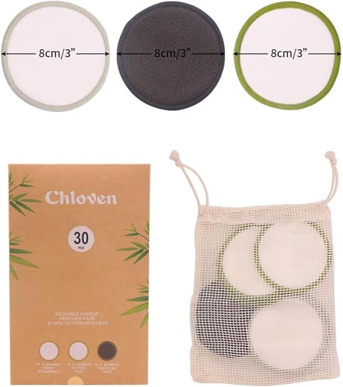 Chloven 30 Pack Reusable Makeup Remover Pads - Bamboo Cotton Rounds for Toner, Washable, Eco-Friendly for All Skin Types with Cotton Bag for Storage