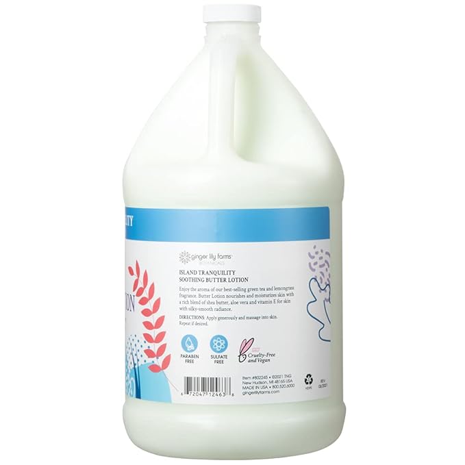 Ginger Lily Farm's Botanicals Soothing Butter Lotion for Dry Skin, Island Tranquility, 100% Vegan & Cruelty-Free, Green Tea Lemongrass Scent, 1 Gallon (128 fl oz) Refill