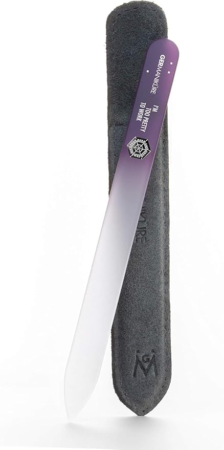 GERMANIKURE Glass Nail File in Suede Sleeve - I'm Too Pretty to Work - Professional Crystal Nail File for Natural Nails - Ideal Manicure & Pedicure Tool for Smooth, Easy Shaping - Nail Care Gift