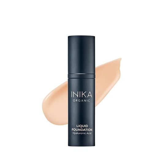 INIKA Organic Full Coverage Liquid Foundation Makeup with Hyaluronic Acid and Argan Oil, Vegan and Organic Foundation for Skin Elasticity and Plumpness, Natural Coverage, Nude, 30ml