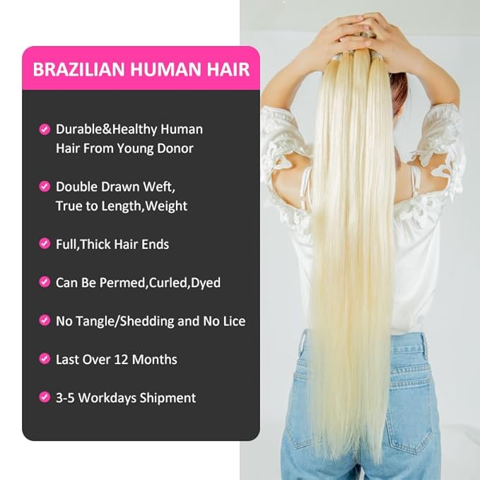 HC 613 Bundles Human Hair 28 Inch Blonde Straight 100% Unprocessed 12A Grade Brazilian Virgin Bundles (Single Bundles)