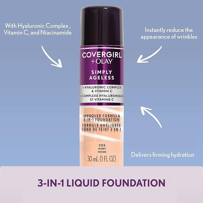 COVERGIRL & Olay Simply Ageless 3-in-1 Liquid Foundation, Matte Finish, Hyaluronic & Vitamin C Formula, 255 Soft Honey, 1 Count