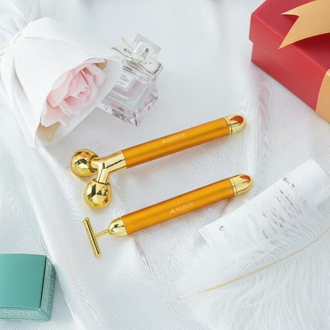 Amirce Face Massager Roller Golden 3D Roller Electric Facial Roller and T Shape Facial Roller Massager Kit Face Rollers