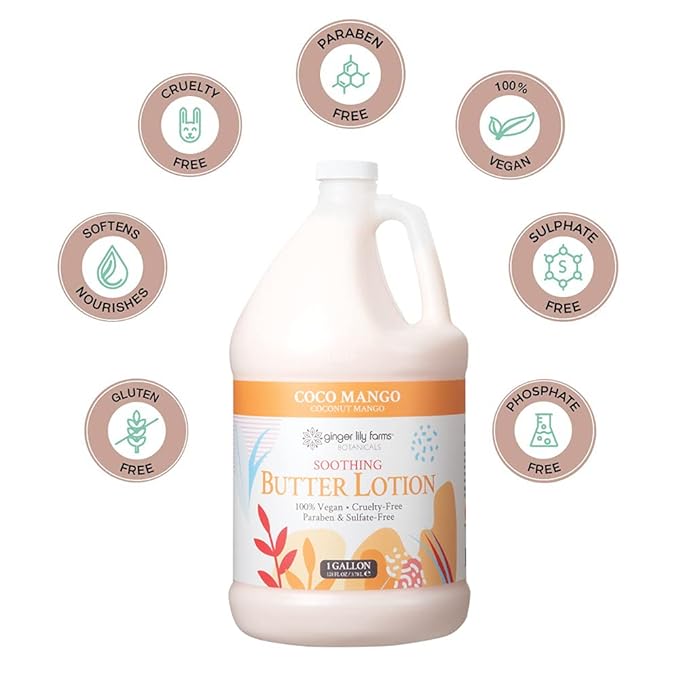 Ginger Lily Farm's Botanicals Soothing Butter Lotion, Coco Mango, 100% Vegan & Cruelty-Free, Coconut Mango Scent, 1 Gallon