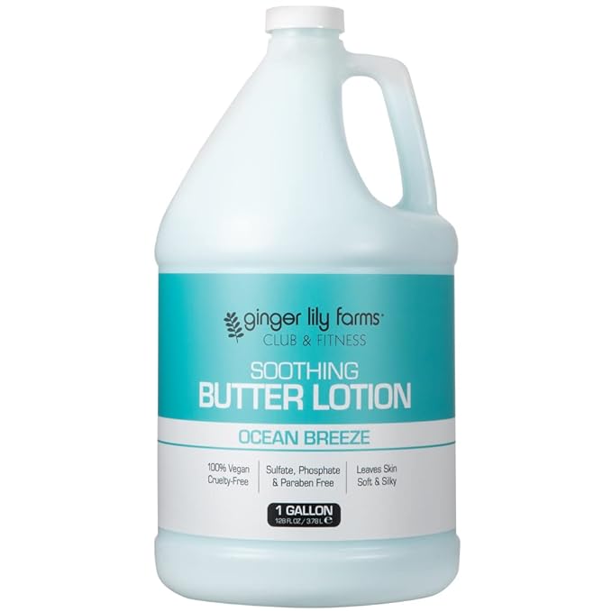 Ginger Lily Farms Club & Fitness Soothing Butter Lotion for Dry Skin, 100% Vegan & Cruelty-Free, Ocean Breeze Scent, 1 Gallon (128 fl oz) Refill