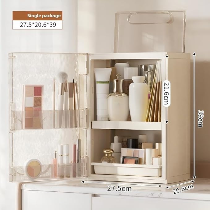 Makeup Organizer with Drawers,Skincare Organizer for Vanity,Large Cosmetic Display Case with Handle,Storage Organizers with Cover and Makeup Brush Holder for Dresser, Bathroom Countertop