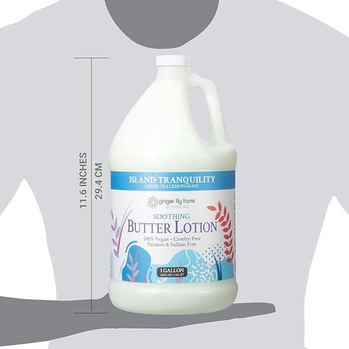 Ginger Lily Farm's Botanicals Soothing Butter Lotion for Dry Skin, Island Tranquility, 100% Vegan & Cruelty-Free, Green Tea Lemongrass Scent, 1 Gallon (128 fl oz) Refill