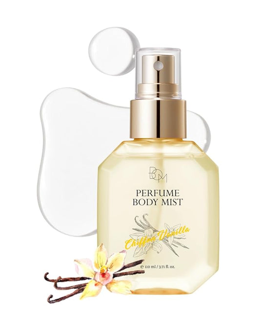 BOM Chiffon Vanilla Perfume Body Mist 3.71 Fl Oz, Vanilla Scented Fine Mist with Hyaluronic Acid, Niacinamide & Vitamin C, Hydrating, Lightweight Spray with Long-Lasting Fragrance, Korean Skincare