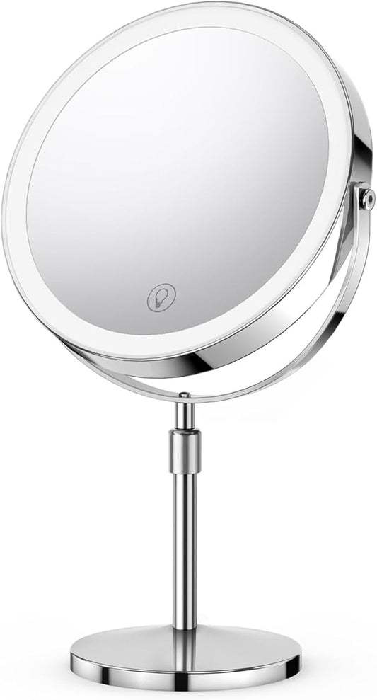 9" Large Lighted Makeup Mirror, 5000mAh Rechargeable Height Adjustable Double Sided, Magnifying with 3 Color, Brightness Adjustable, 360° Rotation Vanity, Gift for Women