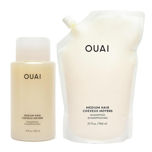 OUAI Medium Shampoo + Refill - Hydrating Shampoo with Coconut Oil, Babassu, Kumquat Extract and Keratin - Strengthens, Nourishes and Adds Shine - Sulfate Free Hair Care Products (2 Count, 10 Oz/32 Oz)