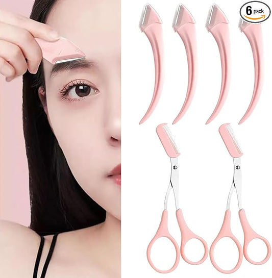 6Pcs Eyebrow Trimmer Set Stainless Steel Curved Eyebrow Razor Eyebrow Scissors With Comb Eyebrow Trimming Tools for Beginners Professional Facial Hair Removal Beauty Accessories for Girls and Women