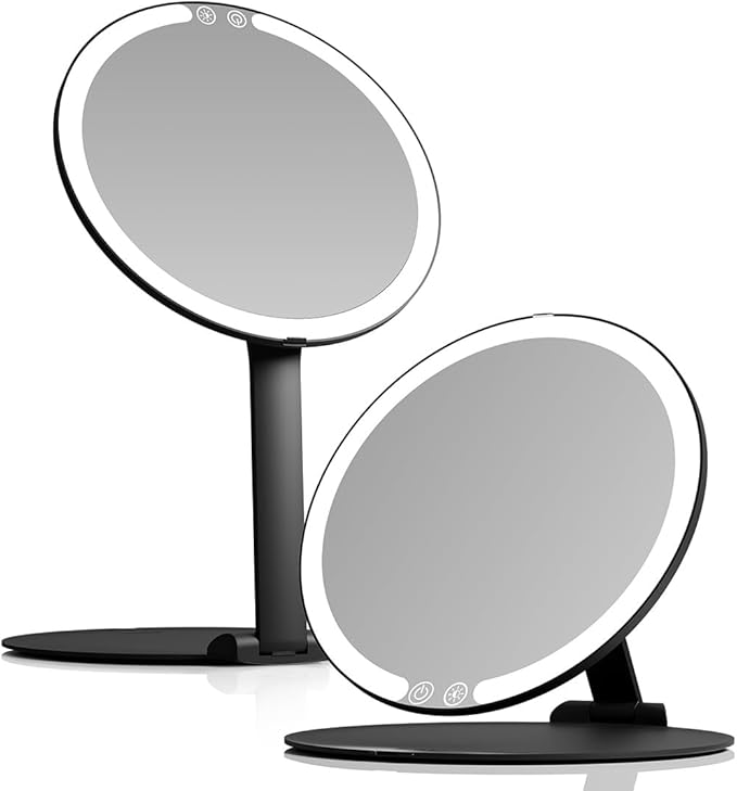 Fancii Abigail Rechargeable Travel Makeup Mirror with LED Light, 8" Foldable Stand, 3 Color Lighting Travel Mirror. Dimmable & Lightweight Portable Vanity Mirror, Beauty Travel Essential (Black)