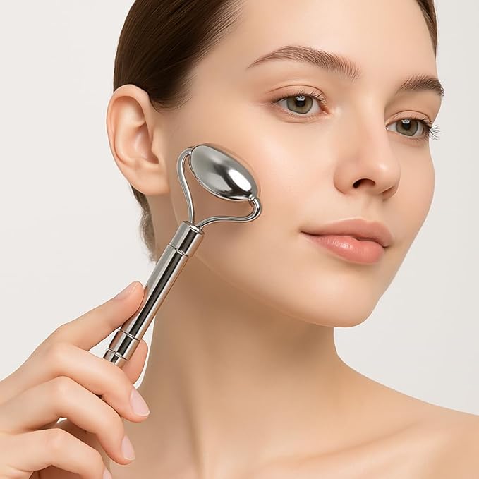 Stainless Steel Gua Sha and Face Roller Set Facial Massager Tools, Lymphatic Drainage Massager Metal Gua Sha Skin Self Care Gifts Face Sculpting Guasha for Body Eyes with Pouch(Silver)