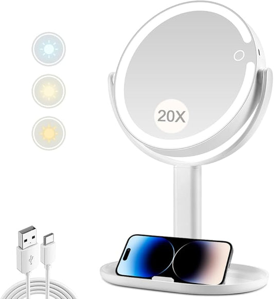 Makeup Mirror with Lights,20X Magnifying Mirror with Light and Touch Switch,Vanity Mirror with 3 Color Light and 80 LEDs,2-Sided Lighted Magnified Mirror 8.8 Inches