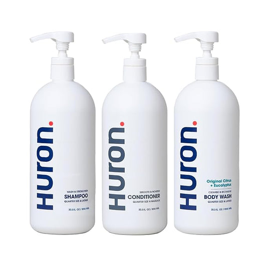 Huron Jumbo Shower Kit - Shampoo, Conditioner, & Body Wash For Men - Citrus + Eucalyptus Scent - Hydrating & Nourishing Men’s Shampoo & Conditioner (30.3 Oz Each)