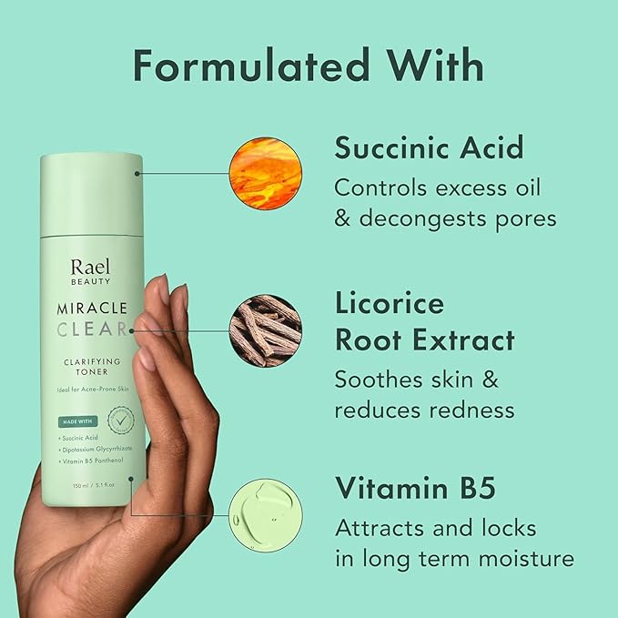 Rael Toner for Face, Miracle Clear – Daily Toner with Succinic Acid, Vitamin B5, Hydration, Korean Skin Care (5.1 oz)