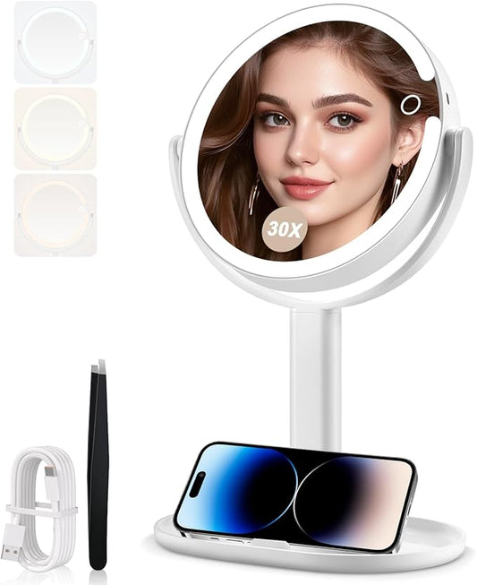 MIYADIVA Makeup Mirror with Lights, 30X Magnifying Mirror with 2-Sided Switch, Vanity Mirror with 3 Colors and Adjustable Brightness, 80 LEDs, Ideal Gift for Daily Makeup and Skincare, 8.8 Inches