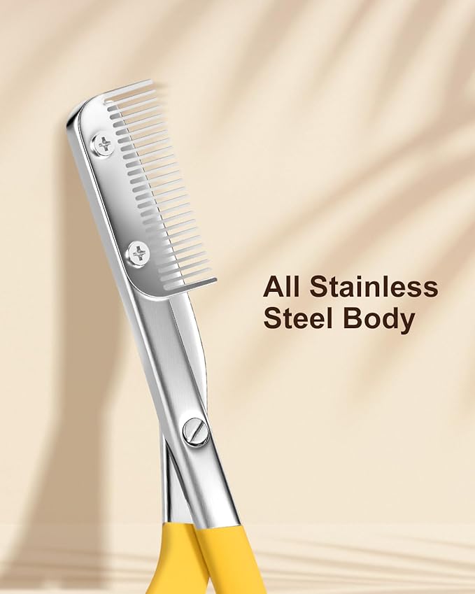 Eyebrow Scissors for Women, Stainless Steel Beauty Scissors with Comb, Precision Trimming Tool for Brows & Facial Hair, Sharp Blades with Safety Guard, Compact & Travel-Friendly (Yellow)