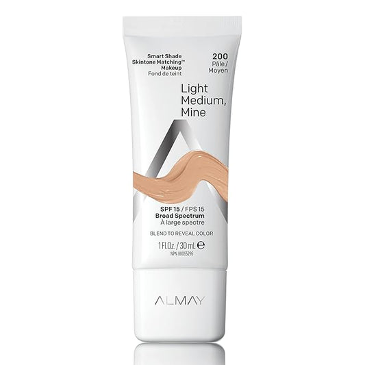 Almay Skintone Matching Foundation, Smart Shade Face Makeup with SPF 15, Hypoallergenic, Oil-Free, Dermatologist-Tested, 200 Light Medium Mine, 1 fl oz