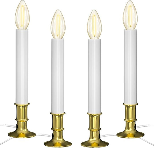 SUNSGNE Christmas Electric Window Candle Lights with Auto Sensor, Dusk to Dawn Candle Lamps with Gold Plated Base, 9'' Plug in Candle Lights with 0.6W LED E12 Bulbs for Window Table Decor, 4 Pack