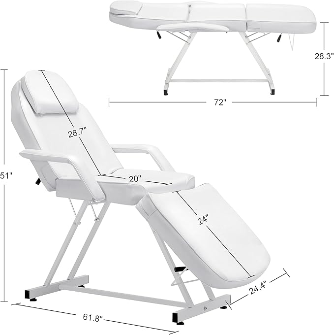 BarberPub Adjustable Tattoo Chair, 72 inches Tattoo Table, Multi-Purpose Facial Chair for Client, Esthetician Bed 0015 (White)