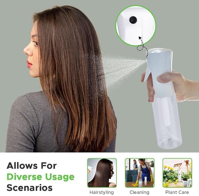VIGOR PATH Continuous Spray Bottle with Ultra Fine Mist - Versatile Water Sprayer for Hair, Home Cleaning, Salons, Plants, Aromatherapy, and More - Empty Hair Spray Bottle (Clear - 5oz (2 Pack)