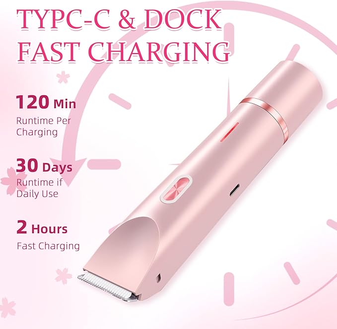Bikini Trimmer for Women, 2 in 1 Electric Razors for Women, Dermave Bikini Shaver, IPX7 Waterproof & Easy Cleaning, Ceramic Blade, 120 Min Cordless Runtime, Ultra Low Silent (Pink).