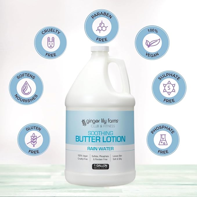 Ginger Lily Farms Club & Fitness Soothing Butter Lotion for Dry Skin, 100% Vegan & Cruelty-Free, Rain Water Scent, 1 Gallon (128 fl oz) Refill