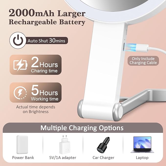 Travel Makeup Mirror with 3 Color Lights, 15X/1X Double Sided Lighted Magnifying Mirror, Portable Handheld Mirror, 3 in 1 Tabletop/Handheld/Hanging, Ideal Gift for Women in Home, Office, Trip, White