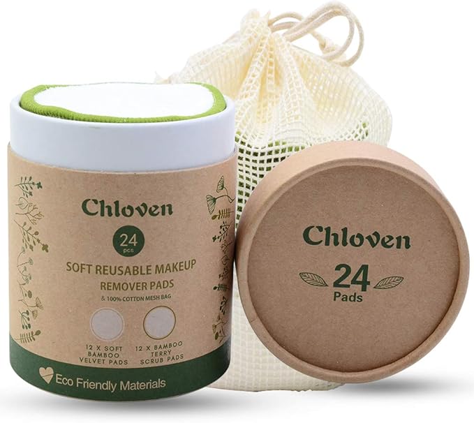 Chloven Reusable Makeup Remover Pads 24 Pack - Washable Eco-Friendly Bamboo Velour Pads for All Skin Types,Bamboo Reusable Cotton Rounds for Toner, with Cotton Bag and Round Box for Storage