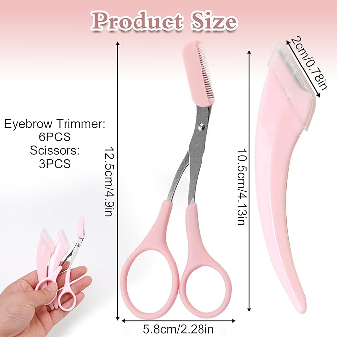 9 Pcs Eyebrow Trimmer Scissors with Comb, Curved Eye Brow Razor, Non-Slip Stainless Steel Facial Hair Removal Grooming, Brow Shaping Beard Shaving Kit Beauty Accessories for Women Men