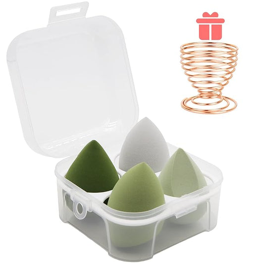 5 Pcs Makeup Sponges Set - 4 Beauty sponges Blending Blenders with 1 Holder and Egg Case, Flawless for Cream, Powder and Liquid (Pink) (Green)