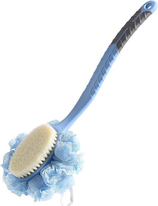 Back Scrubber Brush,TEGOOL Body Bath Shower Brush with Bristles and Loofah/Mesh Sponge,16 Inches Long Handle Built-in TPR Material Non-Slip for Exfoliating Massage Men and Women(Blue)