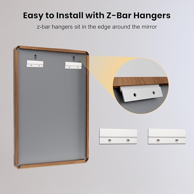 LOAAO 48X32 Inch Bathroom Mirror with Wood Grain Colored Metal Frame, Rounded Rectangle Metal Framed Bathroom Mirror, Anti-Rust, Hangs Horizontally or Vertically, Tempered Glass