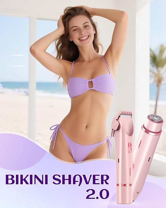 Dermave Bikini Shaver Trimmer 2.0 for Women Pubic Hair, 2 in 1 Dual Head Painless Electric Razor for Bikini Line Area, Waterproof