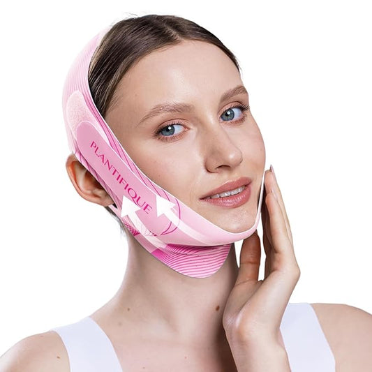 PLANTIFIQUE Chin Strap for Face Contouring - Reusable V Line Ice Silk Fabric Mask - Double Chin Shaping, Adjustable, Breathable Fabric - Jawline Shaper for Women & Men