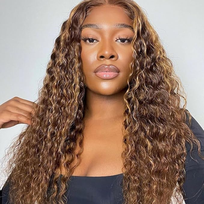 Highlight Ombre Lace Front Wigs Human Hair Honey Blonde Deep Wave 13x6 HD Transparent Lace Frontal Wigs Human Hair P4/27 Colored Curly Wig for Women 180% Density Glueless Pre Plucked 20 Inch Wig